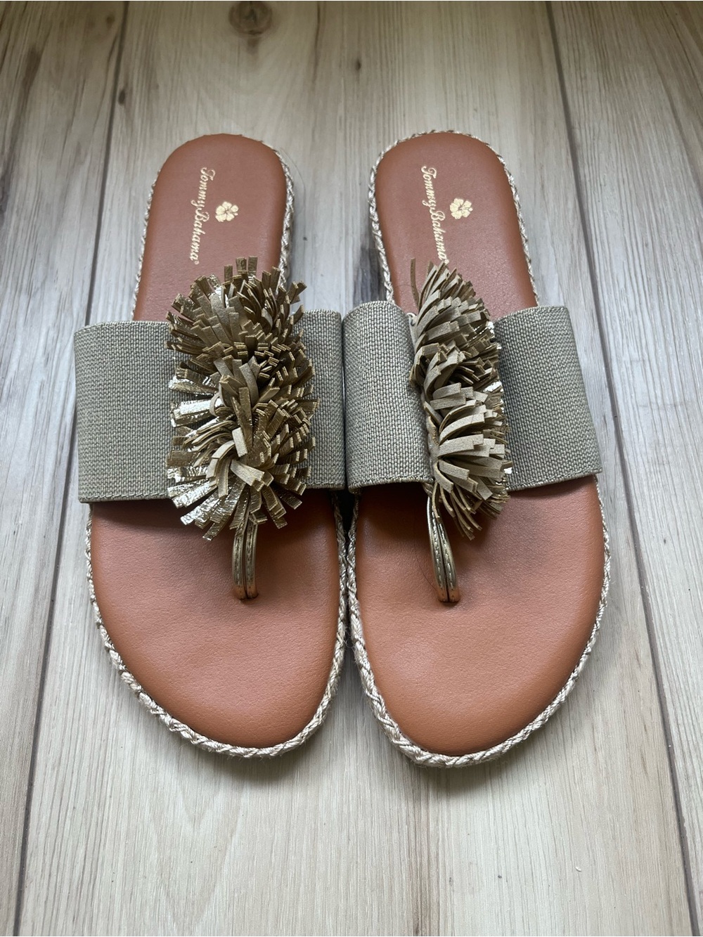 Tommy Bahama Tan Footbed Slide Sandals with Beige Strap and Gold Pom